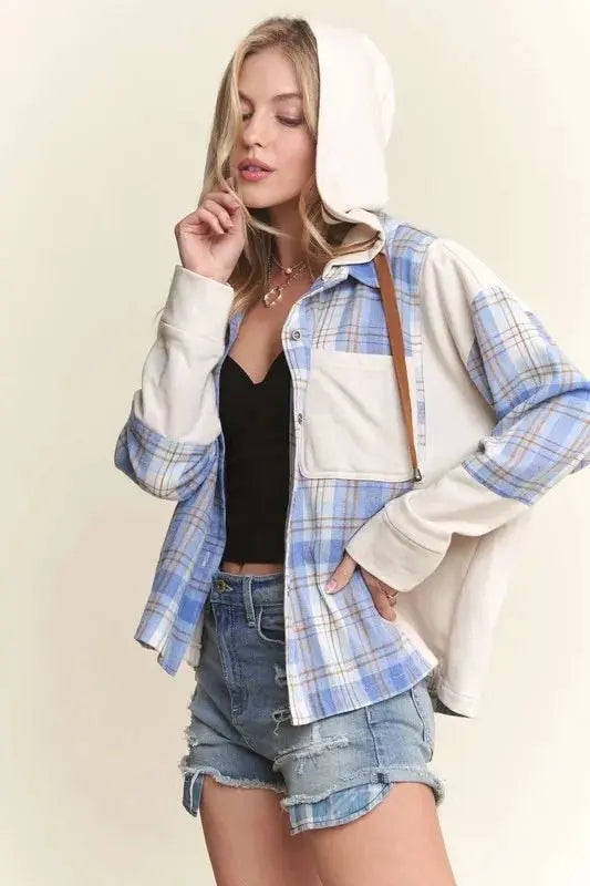 ADORA Button Down Plaid Hoodie Shacket - Love Salve